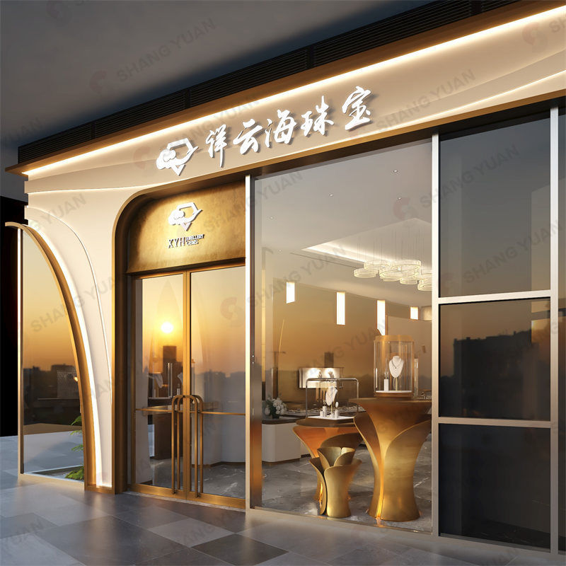 Artistic window display featuring petal-shaped golden stands in a modern luxury jewelry store design by Shangyuan Display